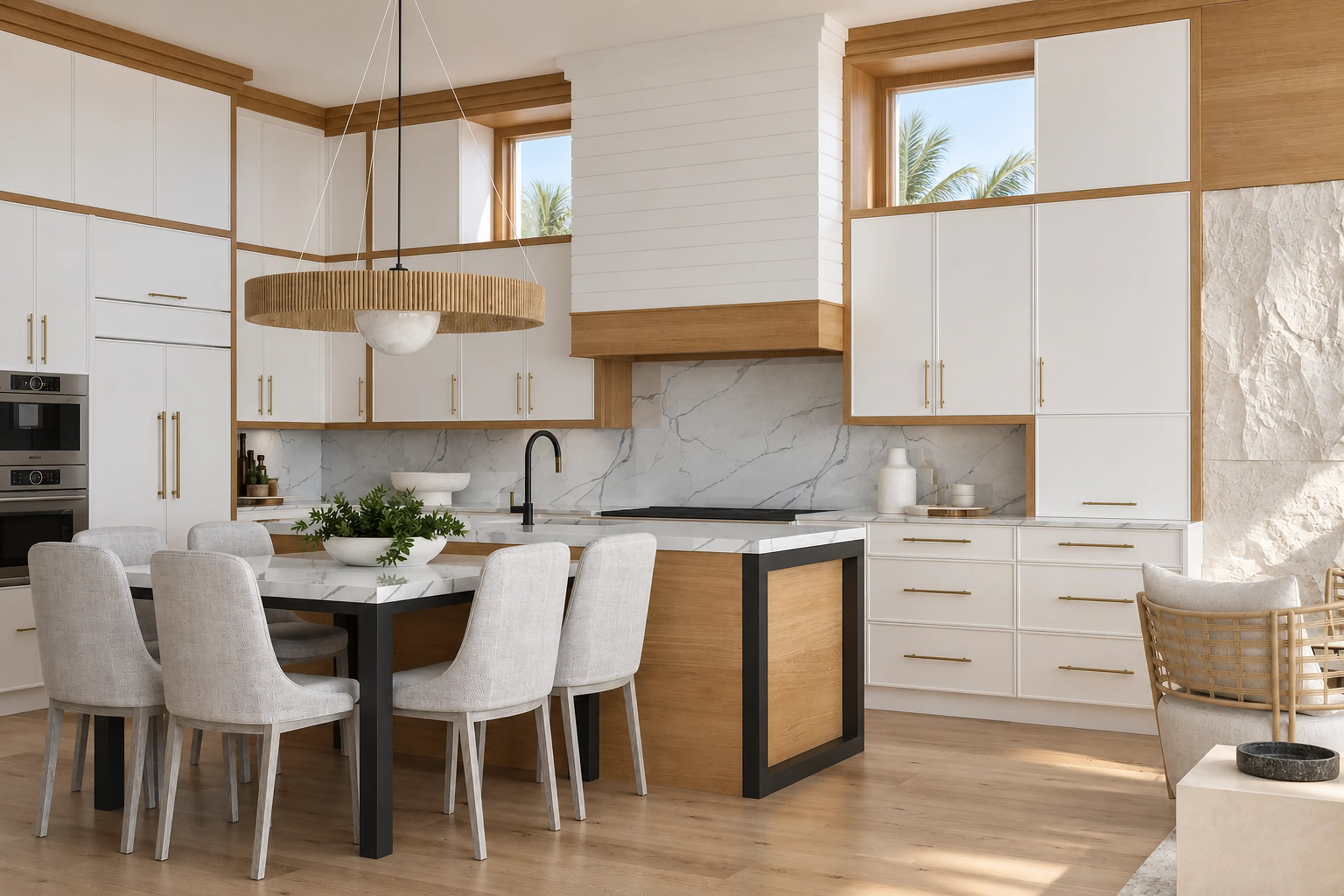 White-and-oak Highland Beach condo kitchen with a marble island and upholstered stools.