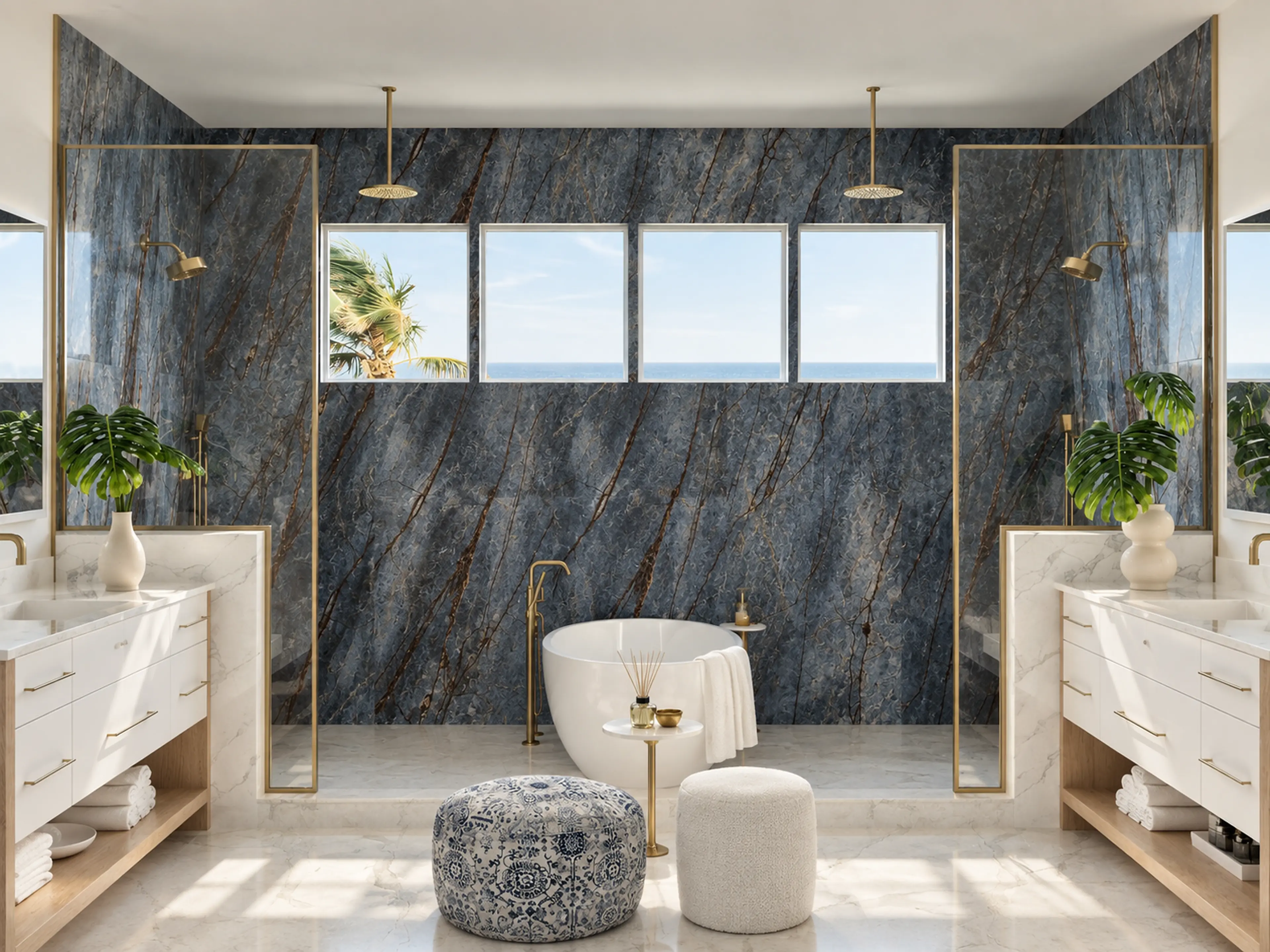 Highland Beach condo bathroom with blue-gray stone, a freestanding tub, and double vanities.