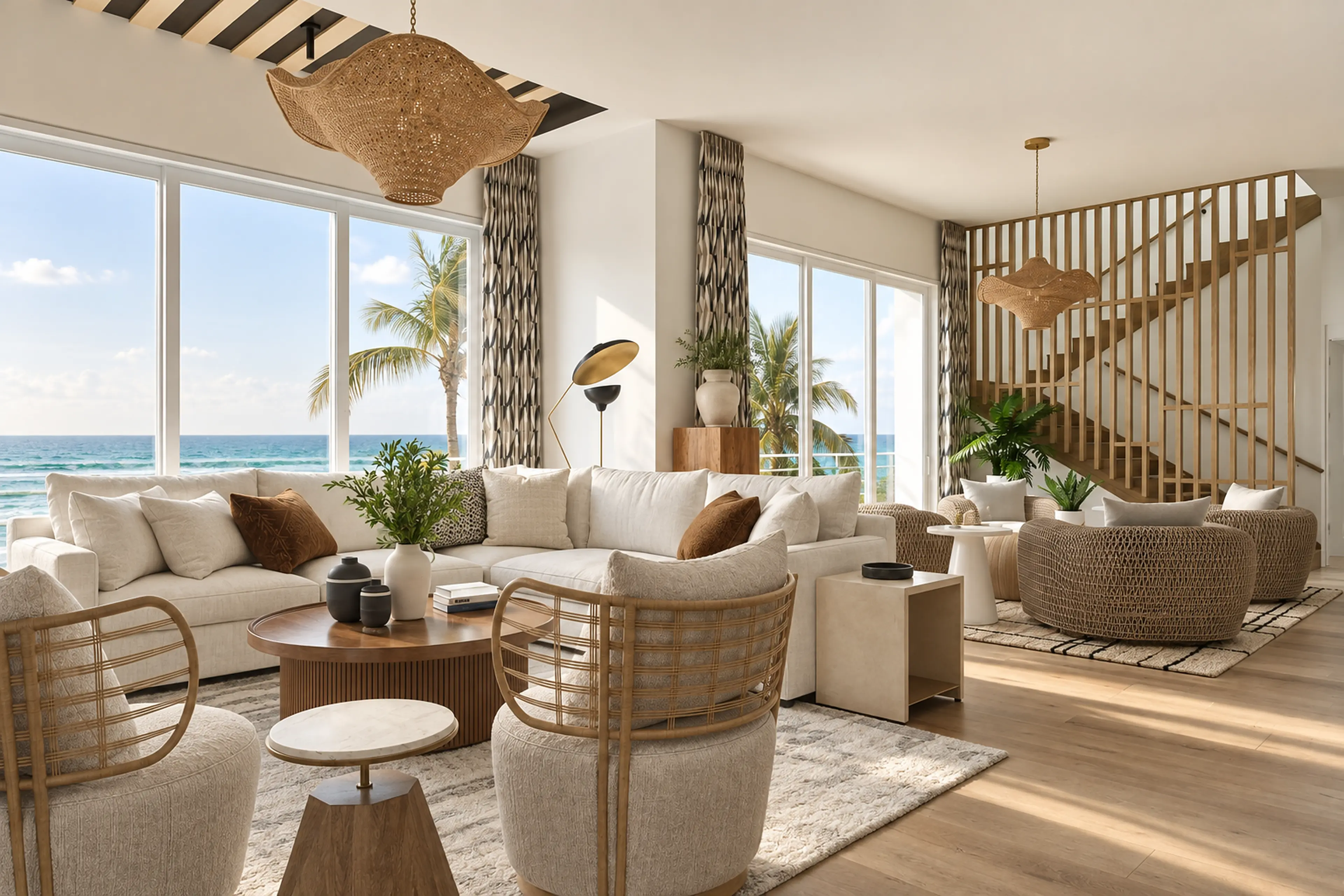 Oceanfront Highland Beach condo living room with woven seating and a pale-oak slat staircase.