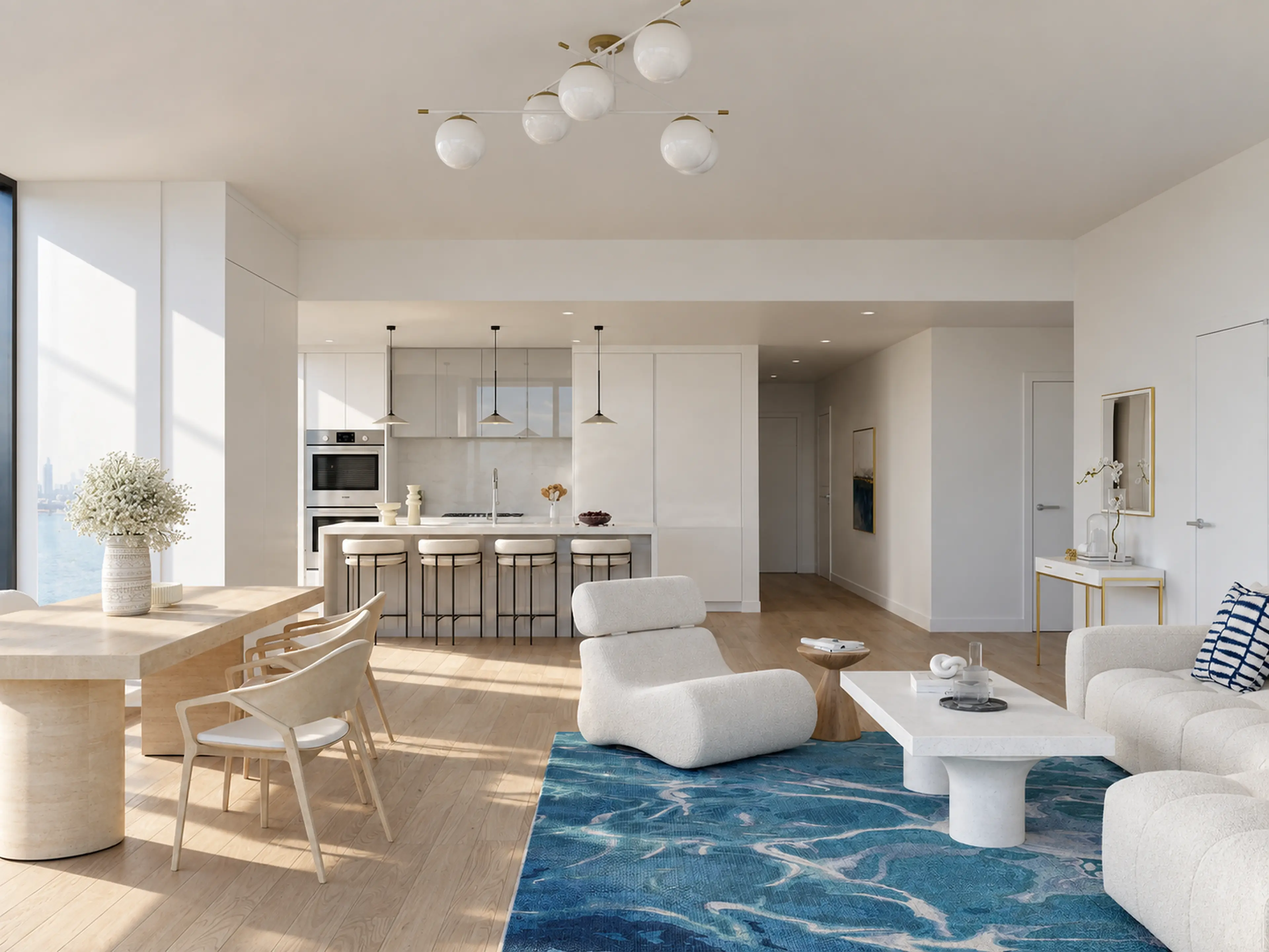 Open Fort Lauderdale condo living area leading toward the renovated kitchen.