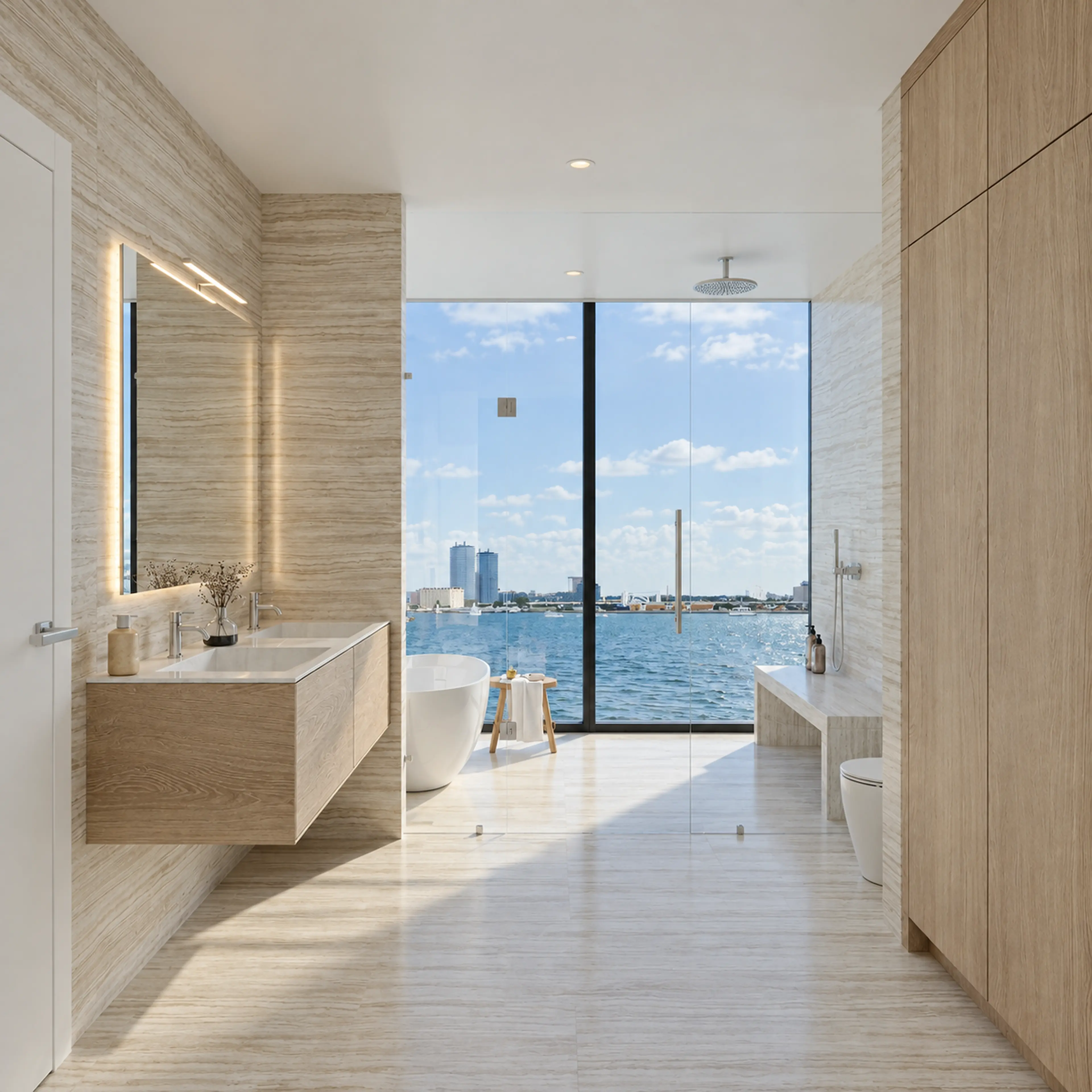 Fort Lauderdale condo bathroom vanity and glass enclosure facing the waterfront.
