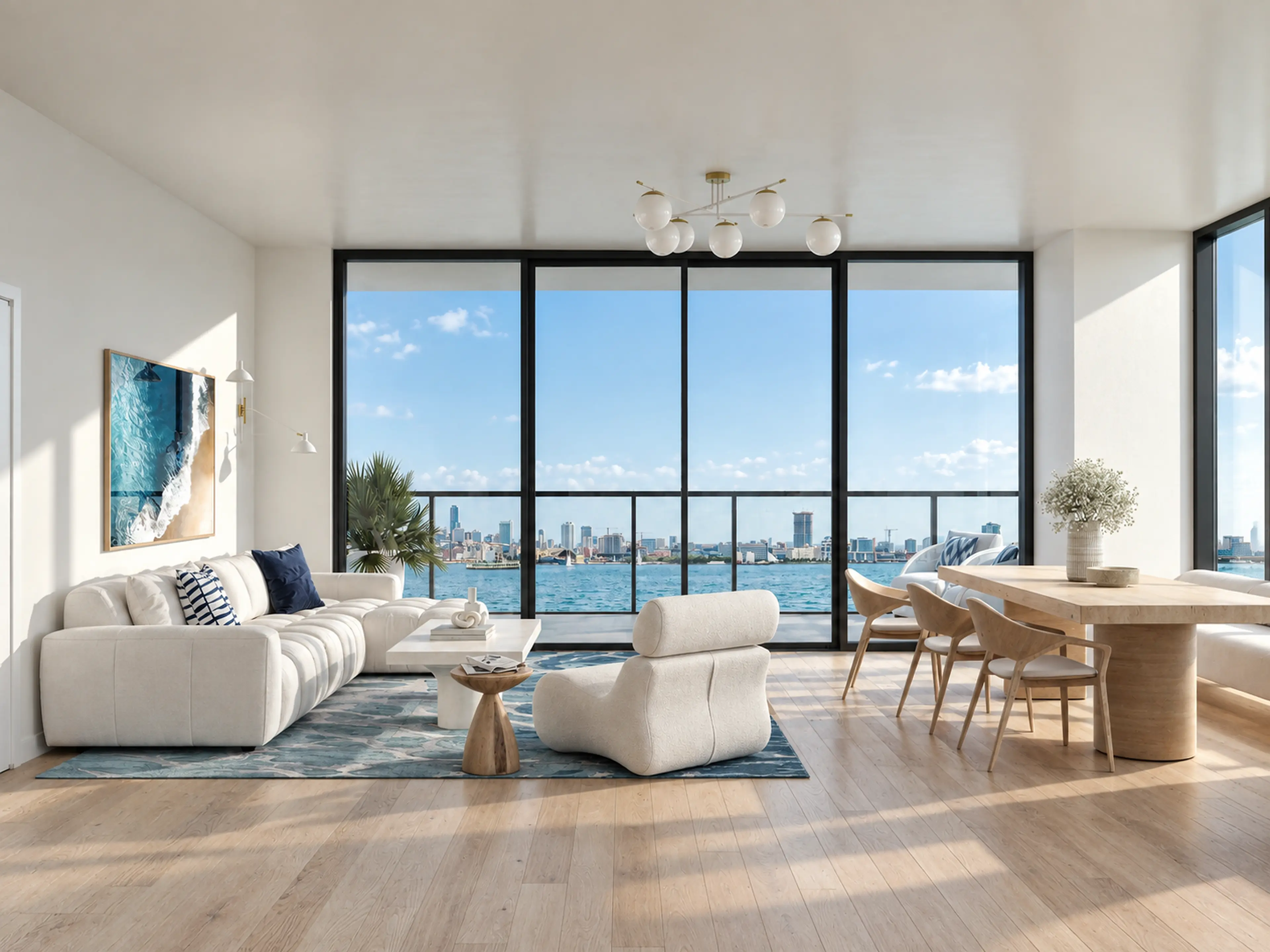 Completed Fort Lauderdale condo living and dining area opening to broad coastal views.
