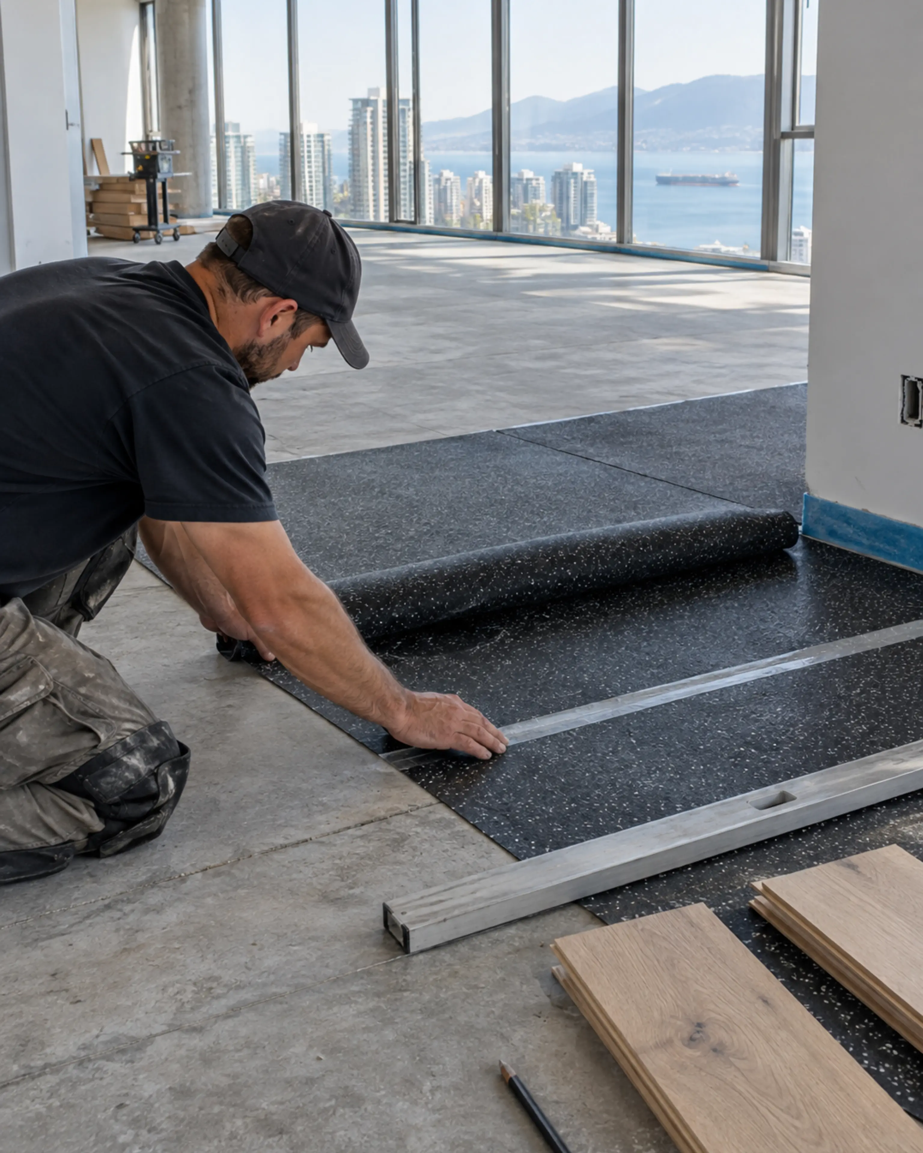 Installer preparing acoustic underlayment for wide-plank flooring in a high-rise condo.