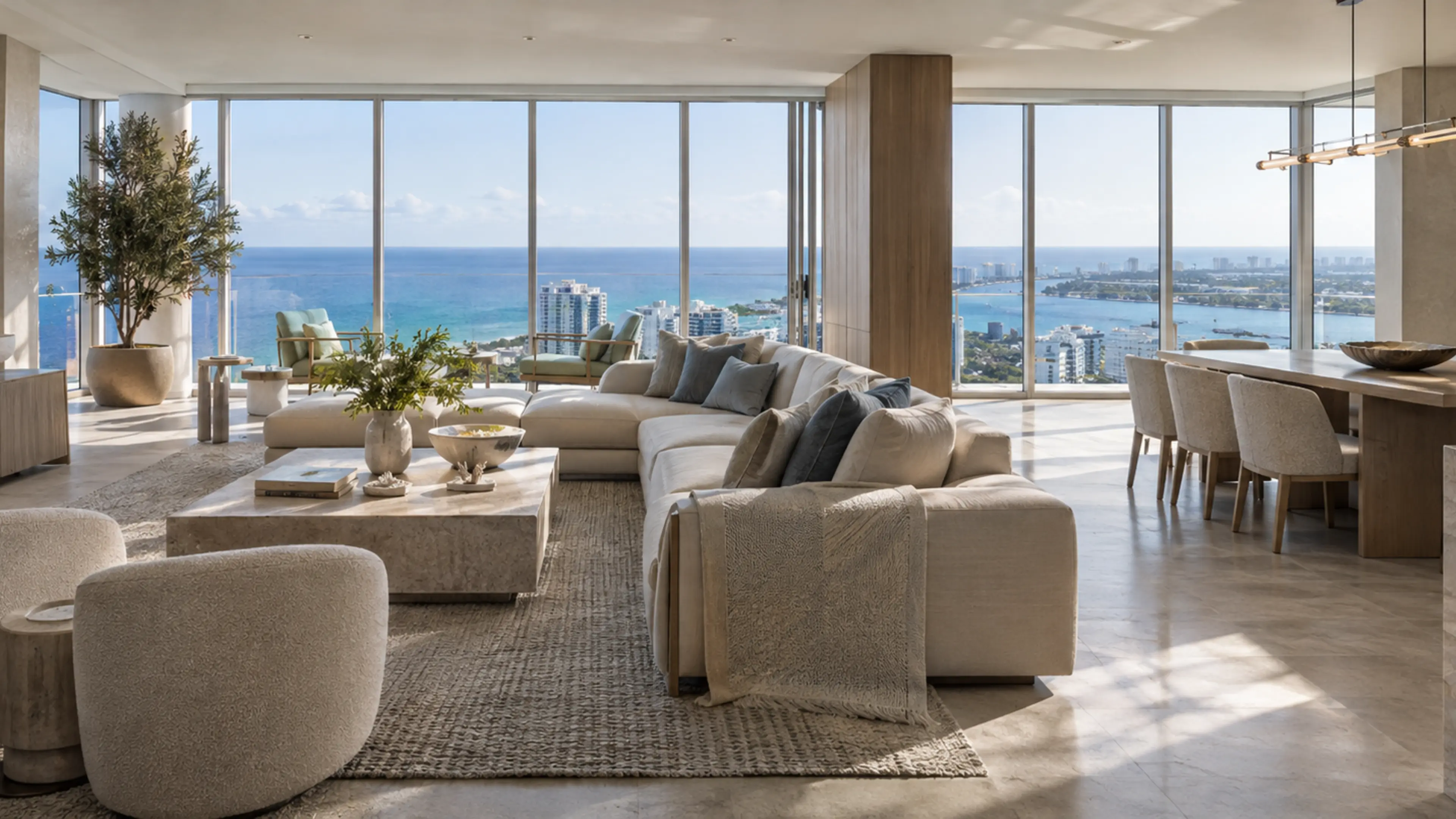 Completed luxury South Florida condo with warm oak, pale stone, and panoramic ocean and Intracoastal views.
