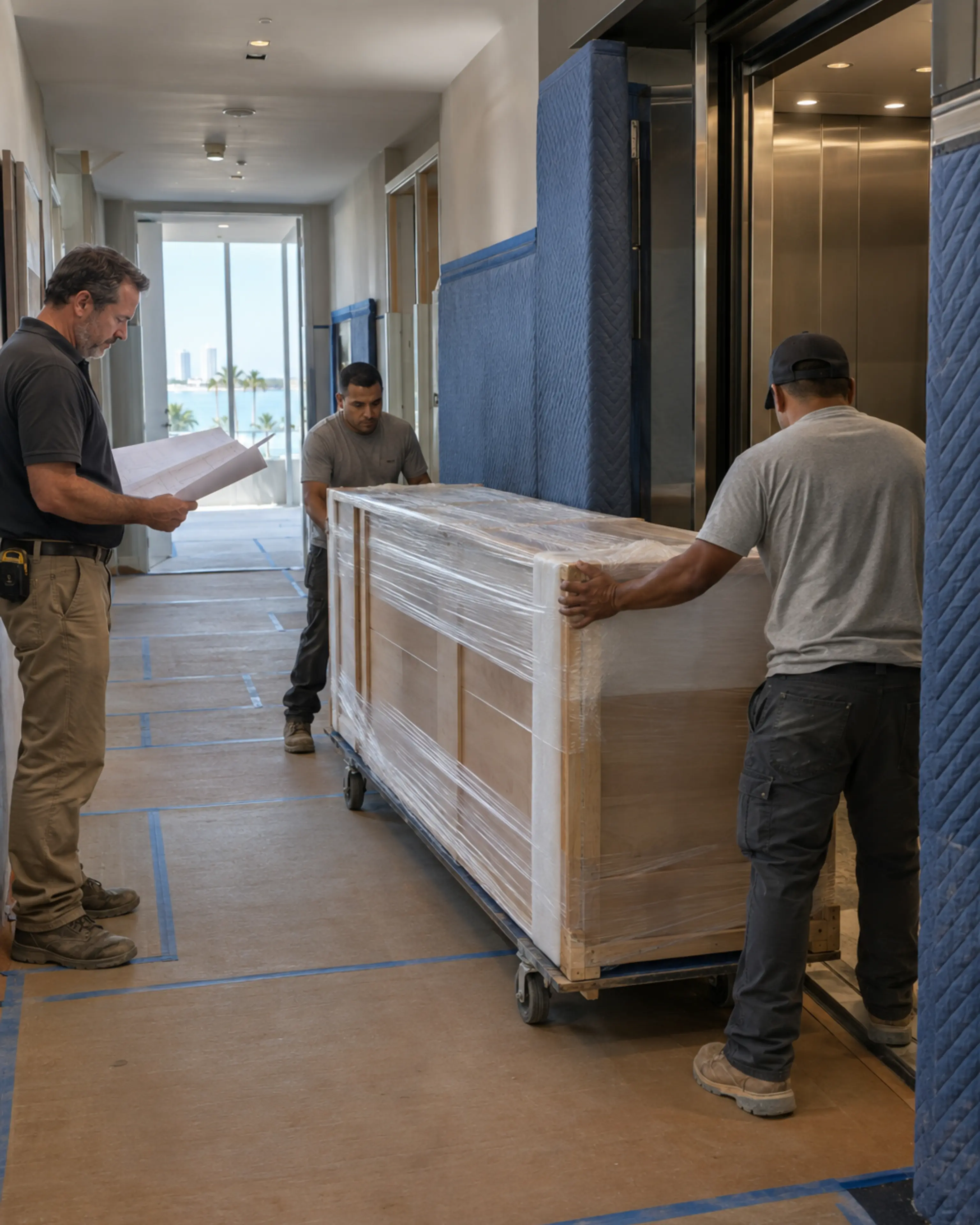 Construction team moving protected custom millwork through a carefully covered condominium service corridor.