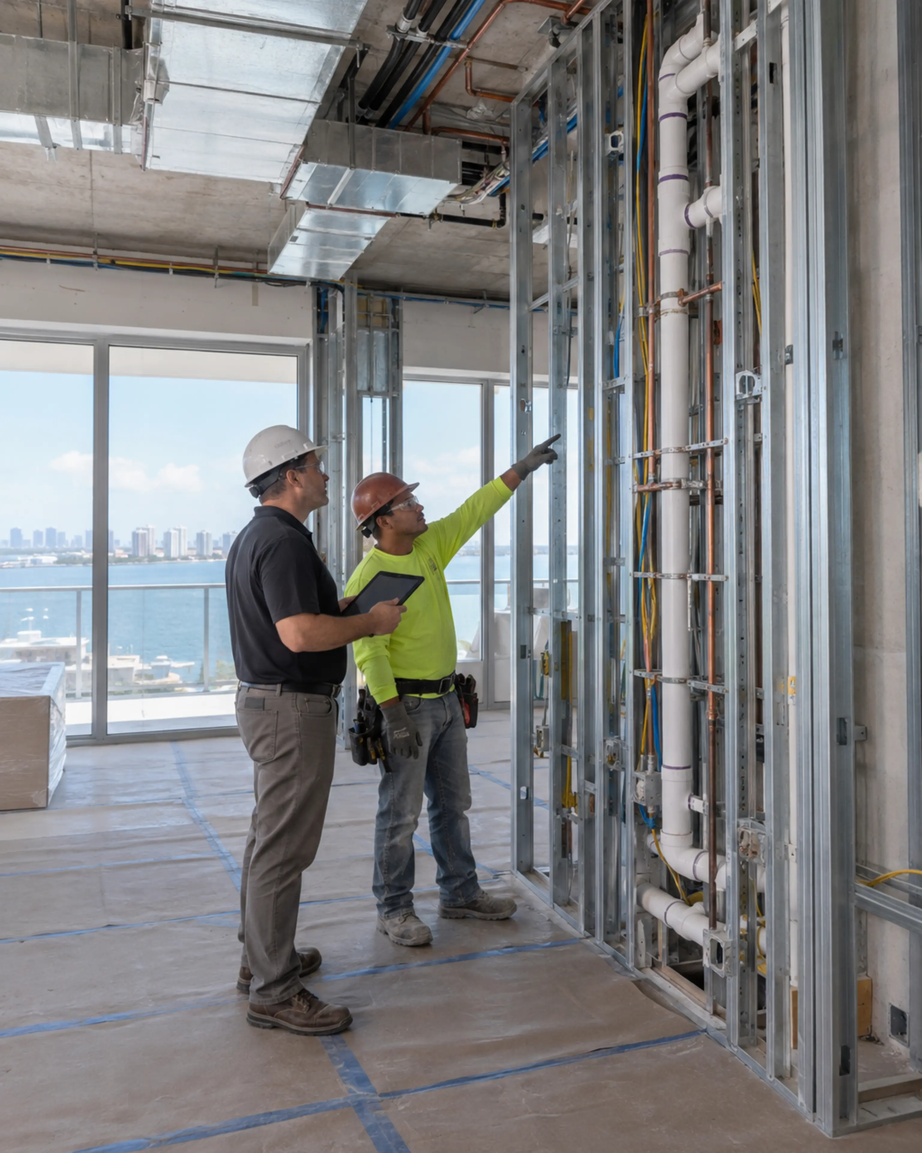 Superintendent and licensed trade reviewing coordinated plumbing, electrical, low-voltage, and HVAC routes inside an active condo renovation.