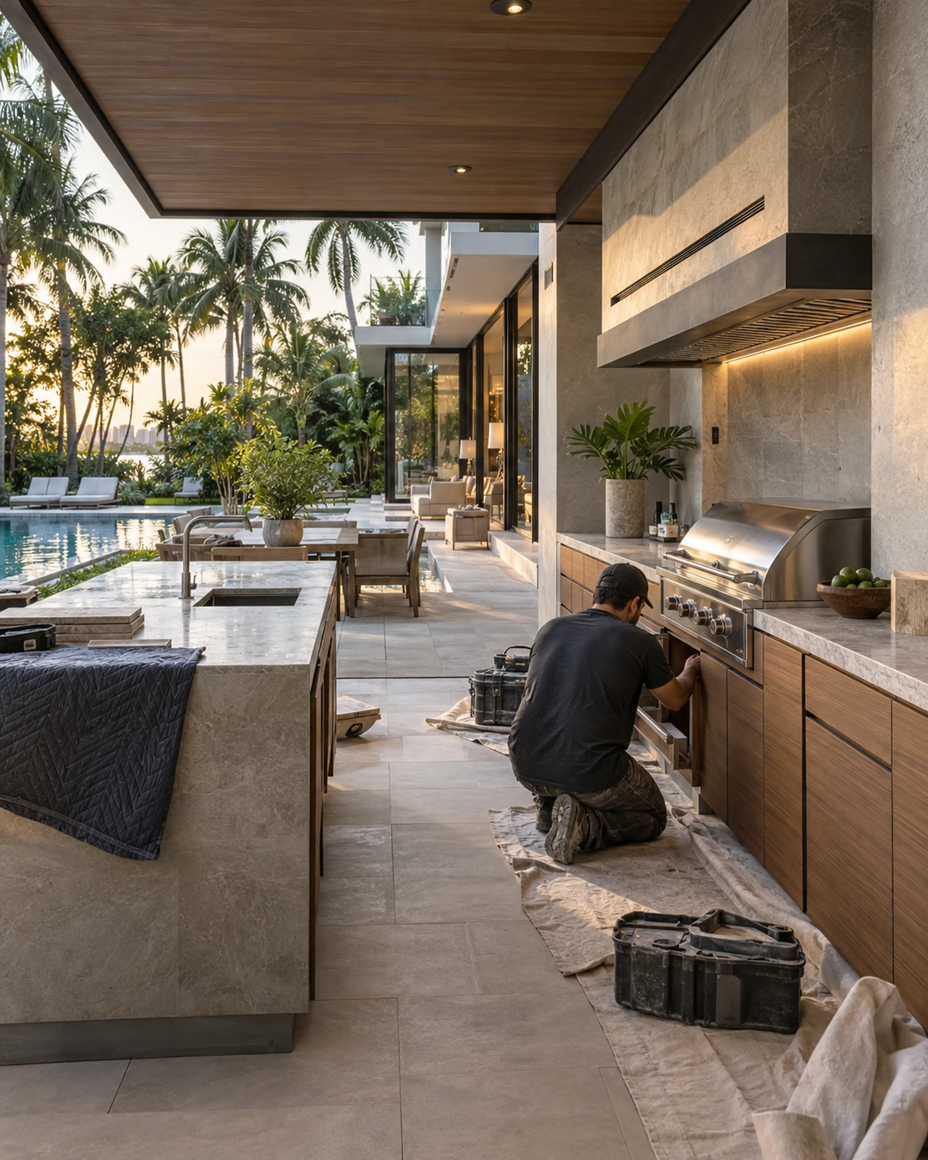Installer completing refined wood cabinetry in a covered poolside outdoor kitchen.
