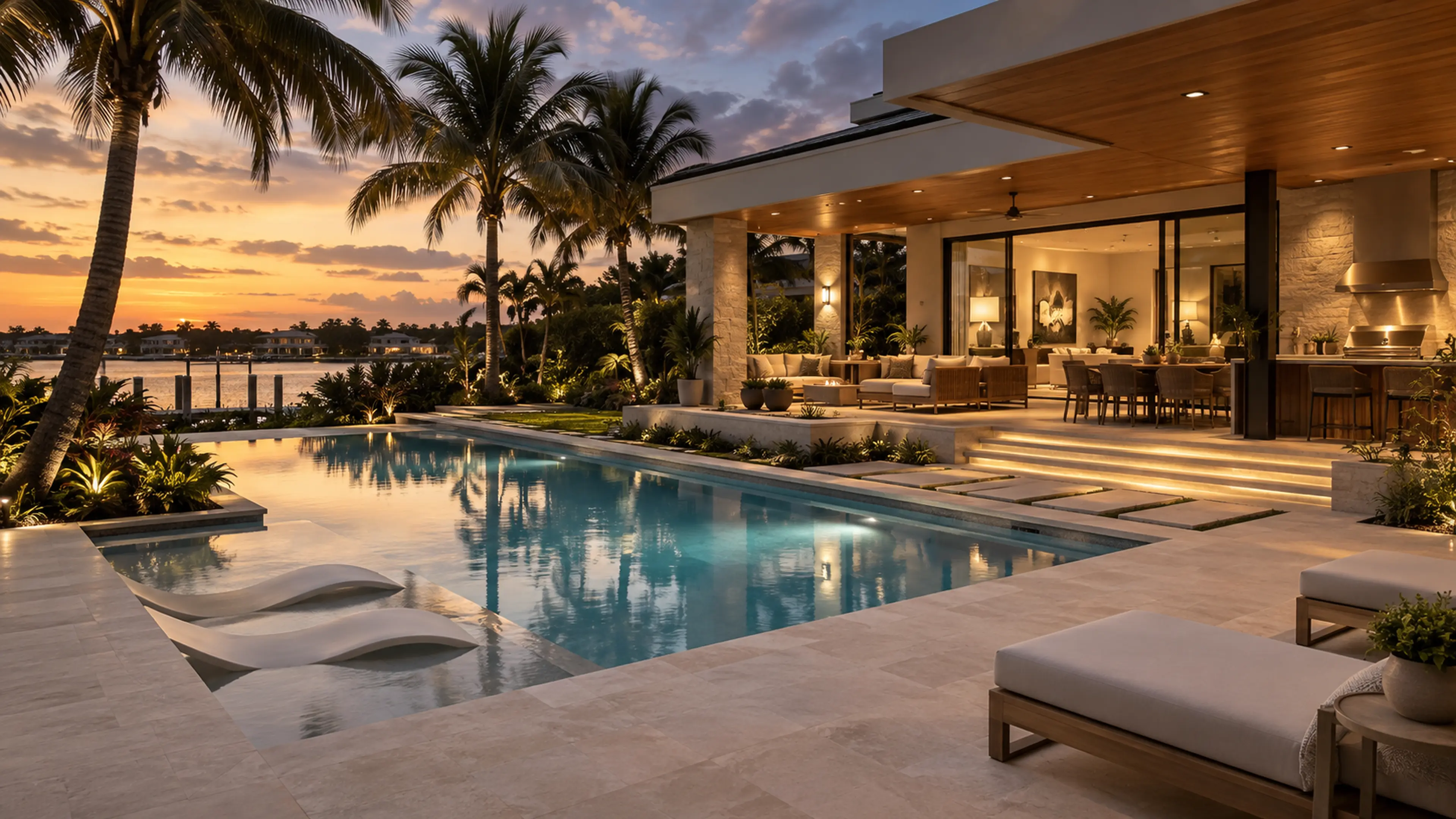 Completed luxury South Florida pool and integrated outdoor living terrace at sunset.