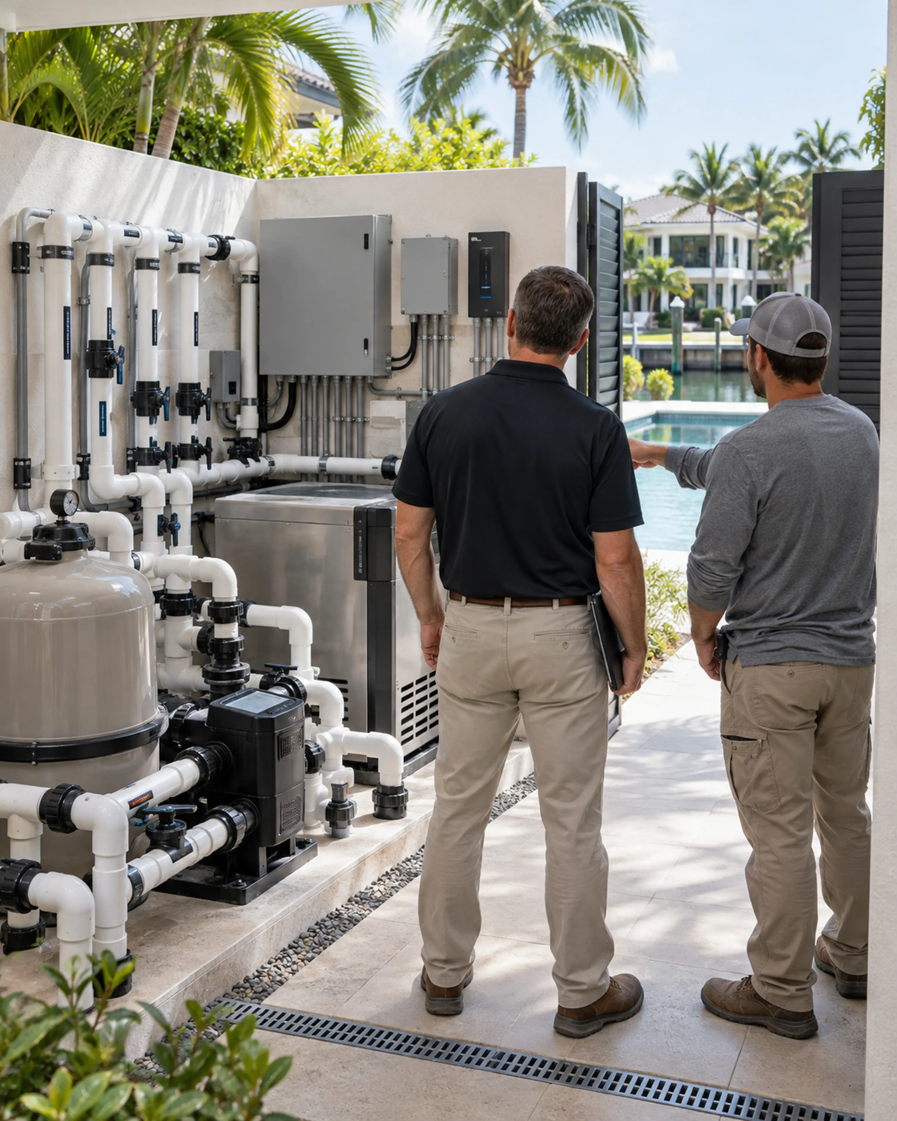 Superintendent and pool professional reviewing organized hydraulic equipment and controls.